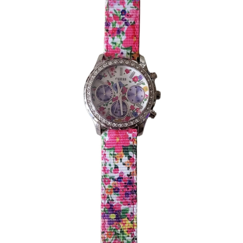Guess Multicolor Floral Watch with Silver Bezel